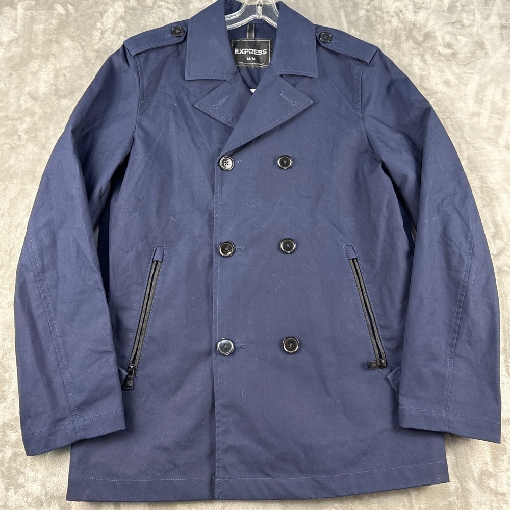 Express Mens Navy Blue Double Breasted Peacoat Trench Jacket Cotton Size Medium